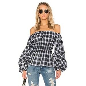 Petersyn Top Womens XS Tartan Plaid Puff Sleeve Smocked Peplum Off Shoulder